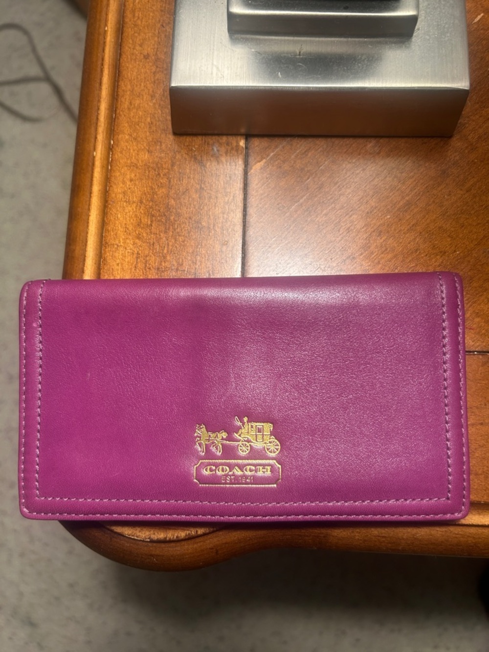 Coach Magenta Leather Continental Check Book with Gold Coach Carriage